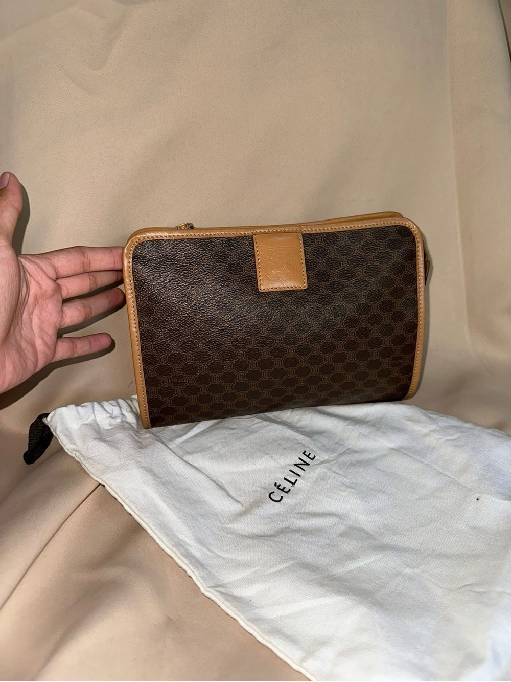 Celine Brown Monogram Canvas Toiletry Pouch with Tan Trim